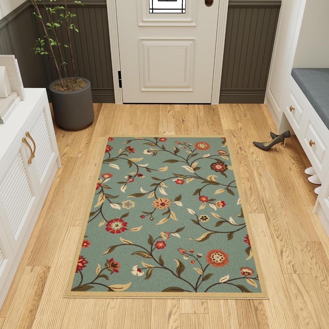 Ottomanson 3'3" x 4'7" Rugs for Living Room Floral Area Rug for Bedroom - Non Slip Durable Large Floor Carpet for High Traffic Areas - Indoor Rug for Dining Room Kitchen Kids Playroom, Seafoam Green