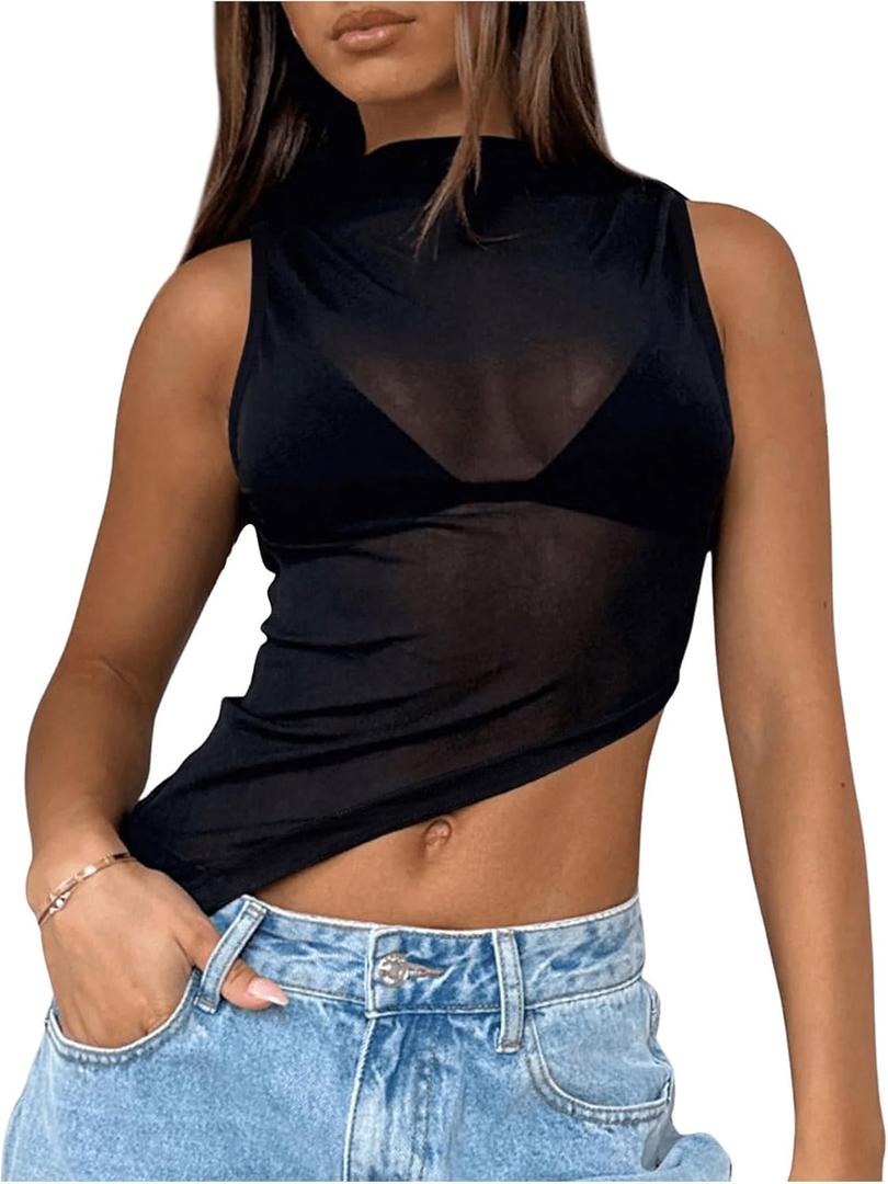 Women's Sheer Mesh Mock Neck Tank Tops Sleeveless Asymmetrical Hem Crop Tops Clubwear (Large, Black)
