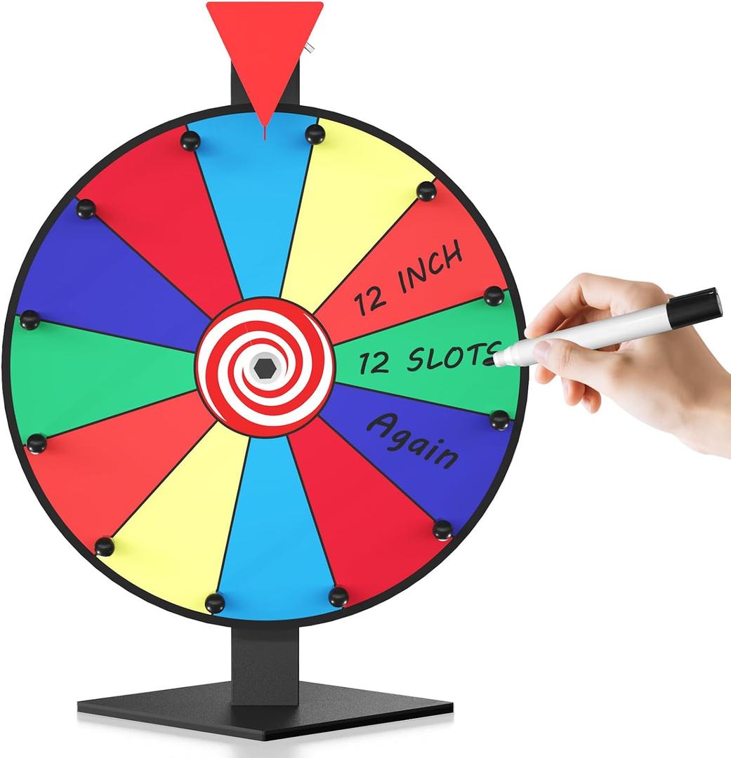 12 Inch Prize Wheel, 12 Slots Color Spinning Wheel with Diamond Base, Heavy Duty Tabletop Spinner Wheel Includes Dry Erase Marker & Eraser for Parties, Rewards & Classroom Activities, 11.81 inches x 16.14 inches