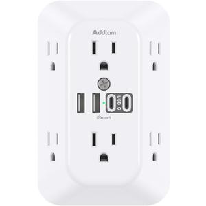 Addtam Surge Protector Outlet Extender, 6-Outlet Splitter with 4 USB Wall Charger(2 USB-C Ports), Multi Plug Wall Outlet 1800J Power Strip for Home Office Dorm Room Essentials (White)