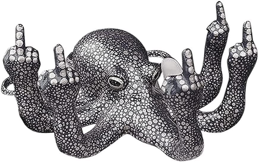 2 x Luminous Gesture Octopus with Mother of Pearl,Octopus Statue,Ocean Fluorescence for Garden Indoor Outdoor Home Decoration,Resin Figurine Sculpture Garden Decor Ornaments (Black)