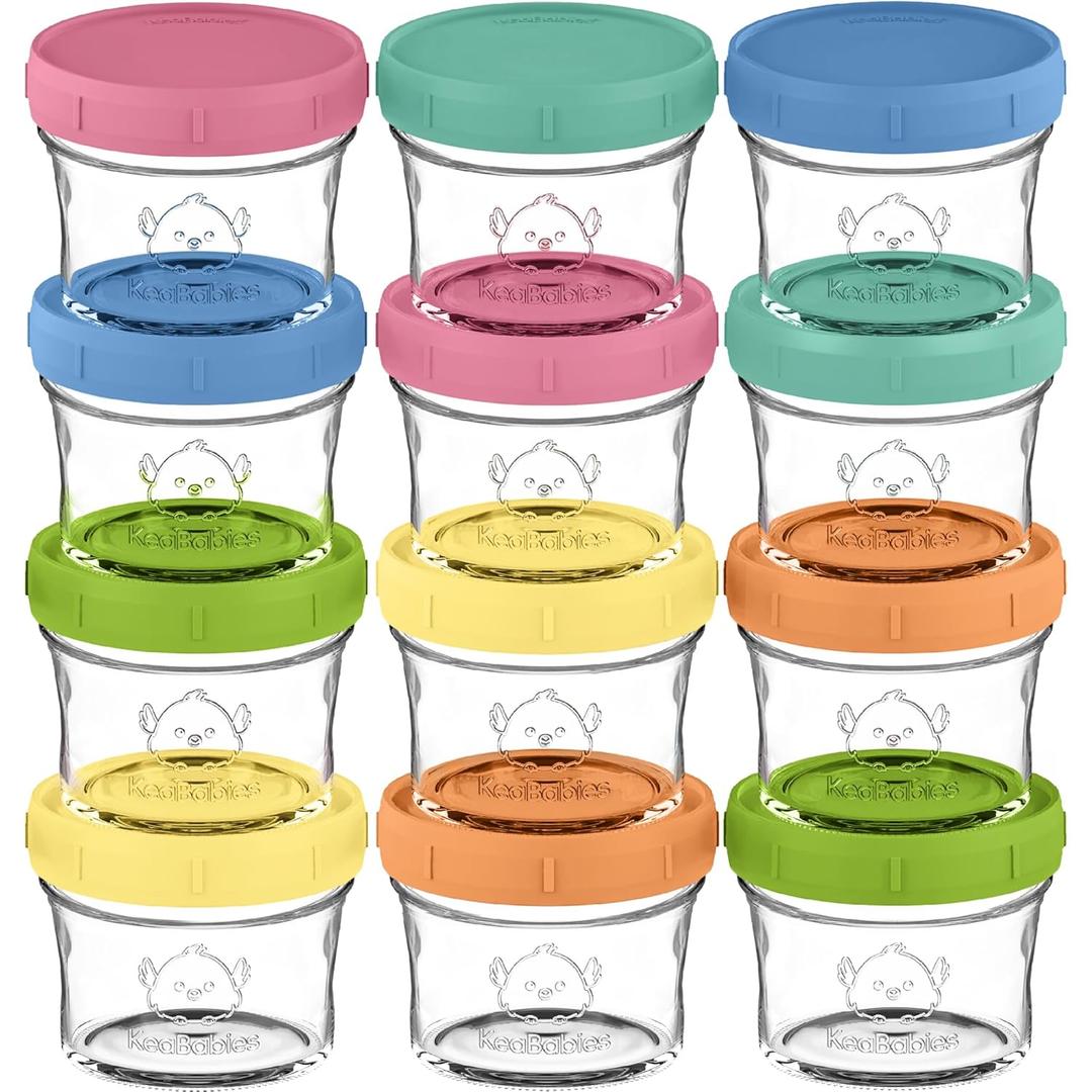 KeaBabies 12pk 4oz Glass Baby Food Containers with Lids - Leak-Proof, Microwavable Small Glass Jars, Baby Purees & Toddler Snack Storage Containers, BPA-Free, Dishwasher & Freezer Safe (Kea)