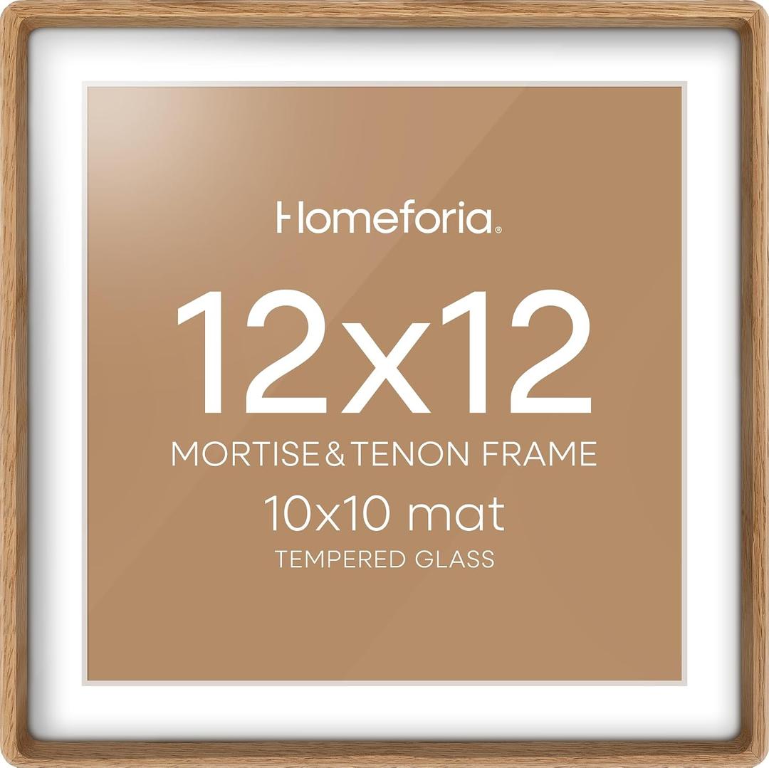 12x12 Mortise&Tenon Natural Oak Picture Frame, 10x10 Mat, Glass | High End Solid Oak Wood, Tempered Glass, Acid-Free 10x10 Removable Mat, 12x12 Edge-to-Edge Display, Wall Kit, Set Of 3