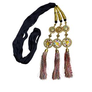 Handcrafted Black Braided Paranda/Parandi for Hair | Gold-Toned Medallions with Multicolor Floral Work & Silk Tassels | Traditional Punjabi Indian Hair Accessory for Women (Length - 31")