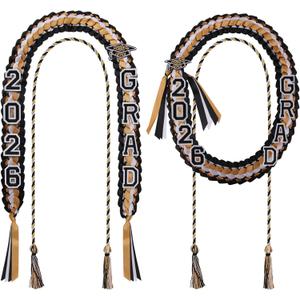 Graduation Lei Set for 2026 Grads, Woven Lei with Honor Cord, Double Braided Ribbon Lei for 2026 Graduate Ceremony Party (Gold, Black and White)