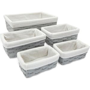 5 Pack Wicker Nesting Baskets with Cloth Lining for Pantry Shelves, Rectangular Storage Bins for Organizing Closet (Gray, 3 Sizes)