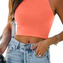 REORIA Butsmooth Women's Sleeveless Halter Neck Double Lined Casual Basic Crop Tank Tops (Neon Pink)