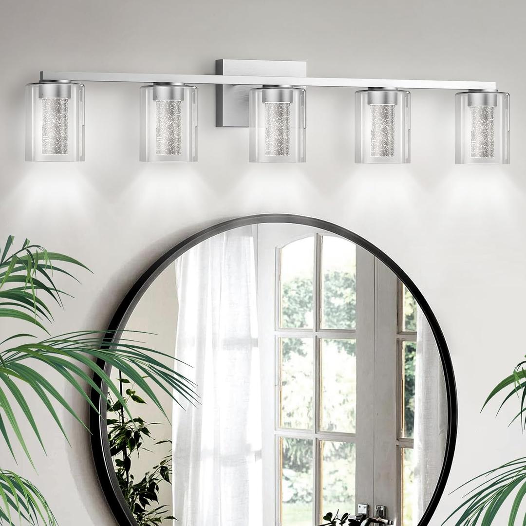 LED Modern Bathroom Light Fixtures Over Mirror, 5-Light Brushed Nickel Vanity Lights with 5 Color Modes, Dimmable Bathroom Vanity Light with Crystal Bubble Glass, 2700K-6500K Adjustable, ETL (5 Lights)