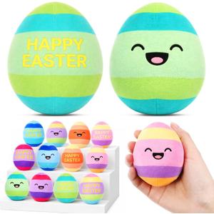 Thenshop 12 Pcs Easter Plush Eggs, Colorful Happy Easter Print Stuffed Eggs, Soft Basket Stuffers Goodie Bags and Party Favors for Hunting Party Favors Gift for Kids
