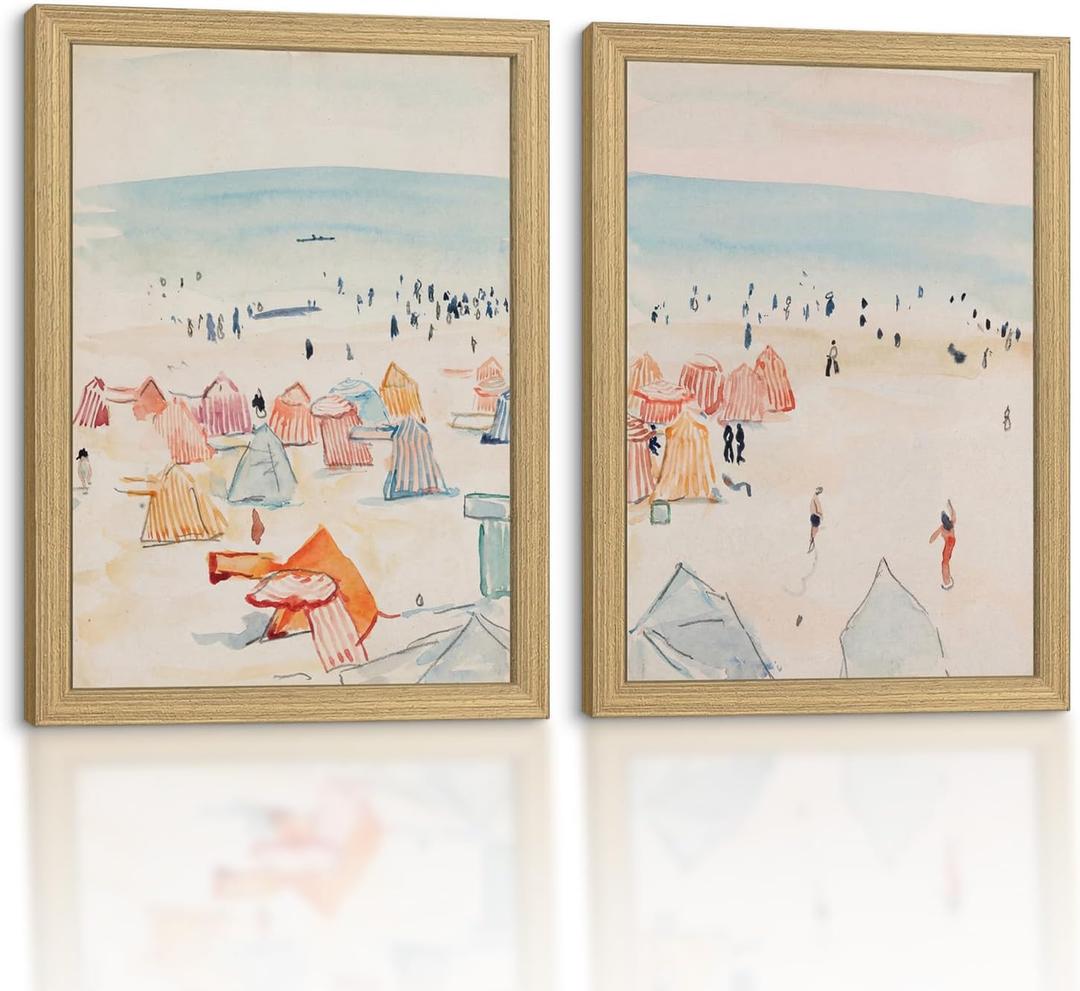 Framed Vintage Beach Canvas Wall Art 2Pcs Coastal Home Decor 24x16 Inch