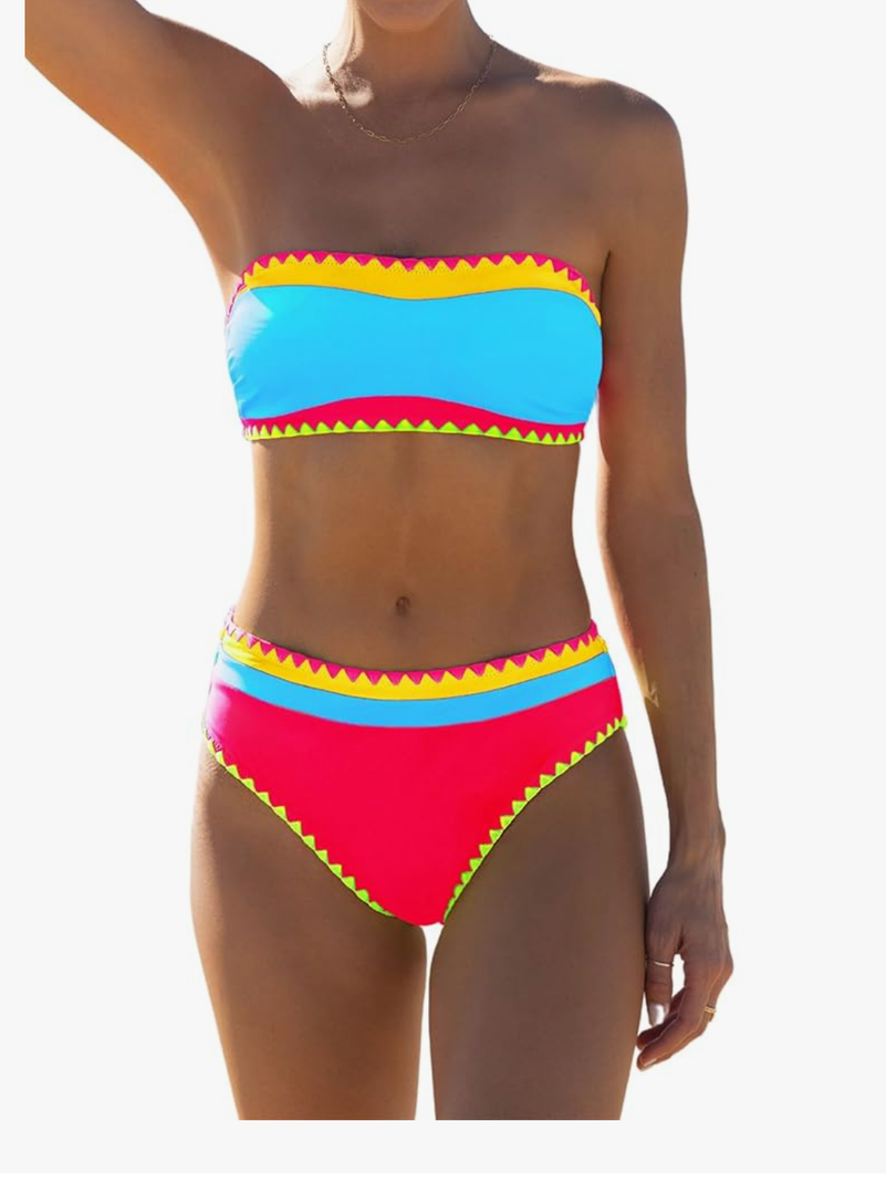 Women's Strapless Bikini Sets Neon Color Block Bandeau Swimsuits Two Piece Bathing Suits for Beach Vacation 2025 Size L