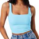 Artfish Women's Sleeveless Strappy Tank Square Neck Double Layer Workout Fitness Casual Basic Crop Tops (Light Blue) XS