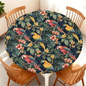 Round Fitted Tablecloth with Elastic Edge, Waterproof Stain Resistant Fabric Table Cover for 53"-60" Round Table, Indoor Outdoor Dining, Kitchen Decor, Camping, Party, Holiday, Tropical Birds