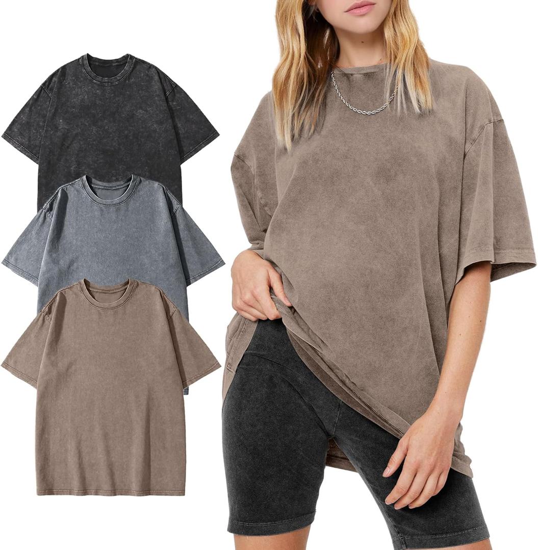 PEHMEA 3 Pcs Women's Oversized T-Shirts Cotton Short Sleeve Vintage Washed Baggy Boyfriend Streetwear Summer Tops (X-Large, Black+grey+khaki)