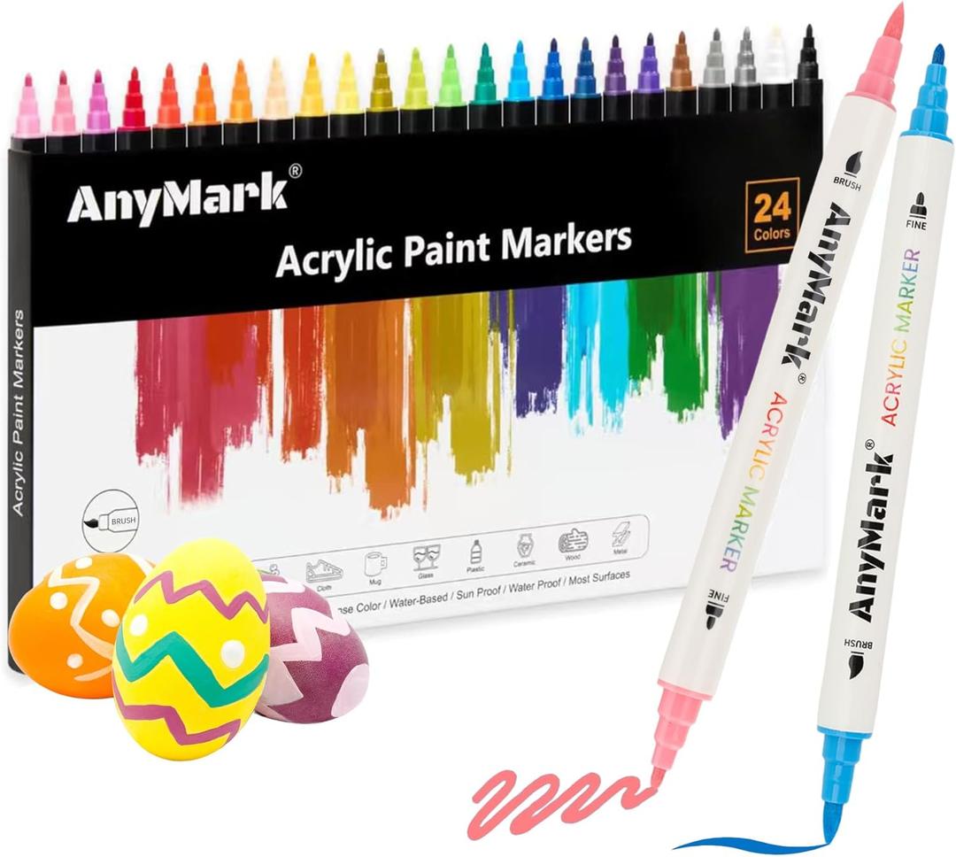 AnyMark 24 Colors Acrylic Paint Markers, Dual Tip Acrylic Paint Pens with Brush & Fine Tip, Premium Paint Markers for Coloring, Canvas, wood, Stone, Rock Painting, Glass