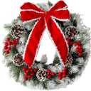Pre-Lit Artificial Christmas Wreath,Decor with Pinecones Pine Needles Branches Red Berry Mini Bow for Front Door (Red, 15.75 inch)