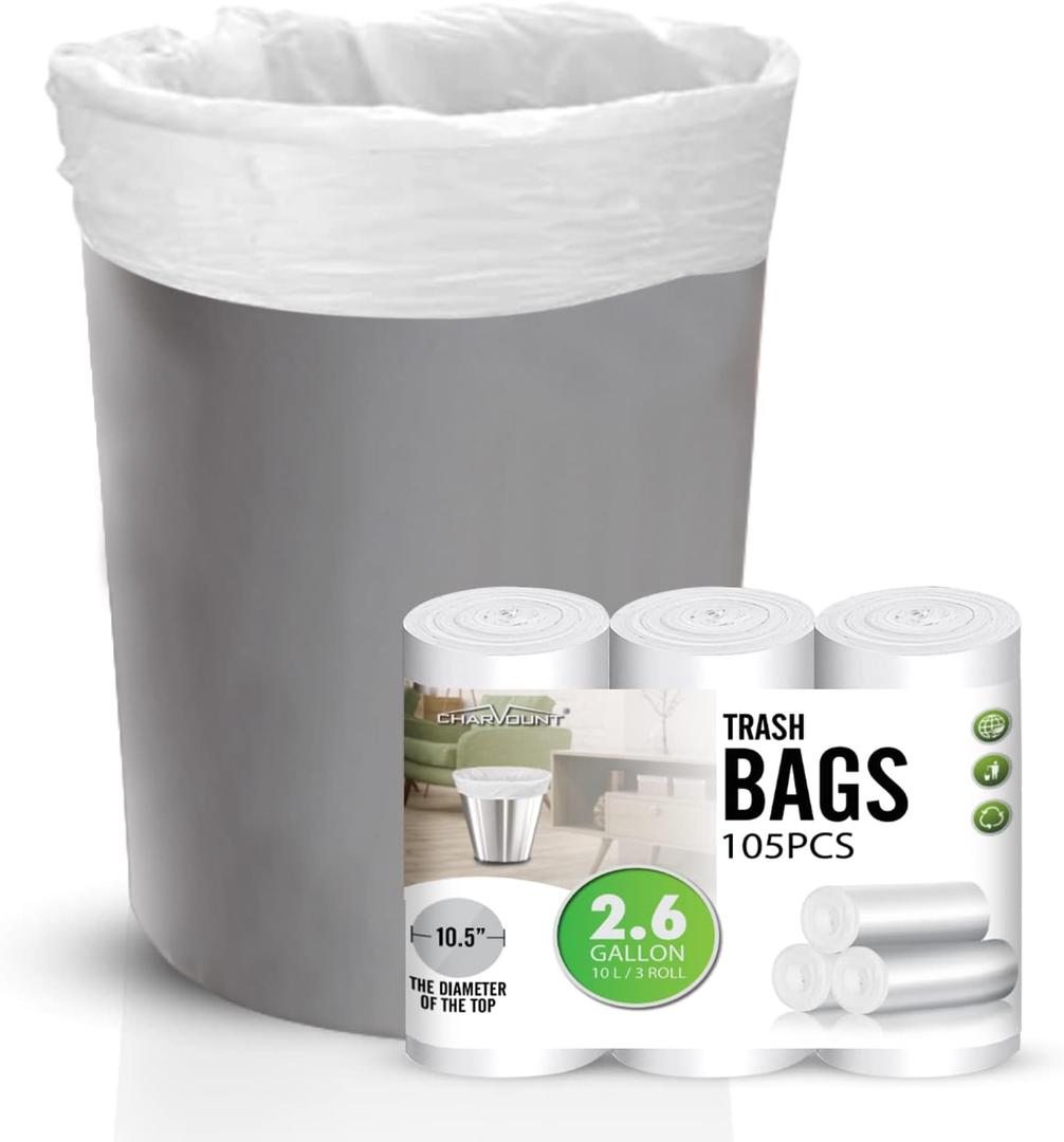 Charmount Small Can Liners, Garbage Bags for Bathroom, Kitchen, Office, Bedroom, 2.6 Gallon, Unscented,105 Counts (White)