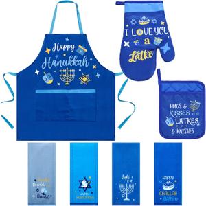 7 Pcs Hanukkah Hostess Present Hanukkah Apron Pot Holder Oven Mitts Kitchen Towels Set Chanukah Kitchen Accessories Hanukkah Cooking Gift for Women Men