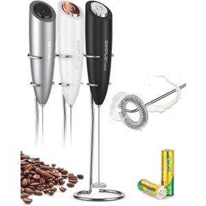 SIMPLETASTE Milk Frother Handheld Electric Foam Maker, Drink Mixer with Stainless Steel Whisk for Cappuccino, Bulletproof Coffee, Latte, Black, with Stand, Battery Operated