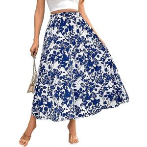 MSLG Women's Flowy Elastic High Waist Skirts Trendy Summer 2025 Boho Casual Beach Holiday Floral Print A Line Midi Skirt 802 (Blue White) Small