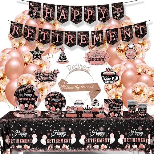 SECONDER 114Pcs 20guests Retirement Party Decorations for Women Men Banner Balloons Sash Tiara Hanging Swirls Honeycomb Centerpiece Tablecloth Paper Plates Napkins Cups Party Supplies ROSE GOLD
