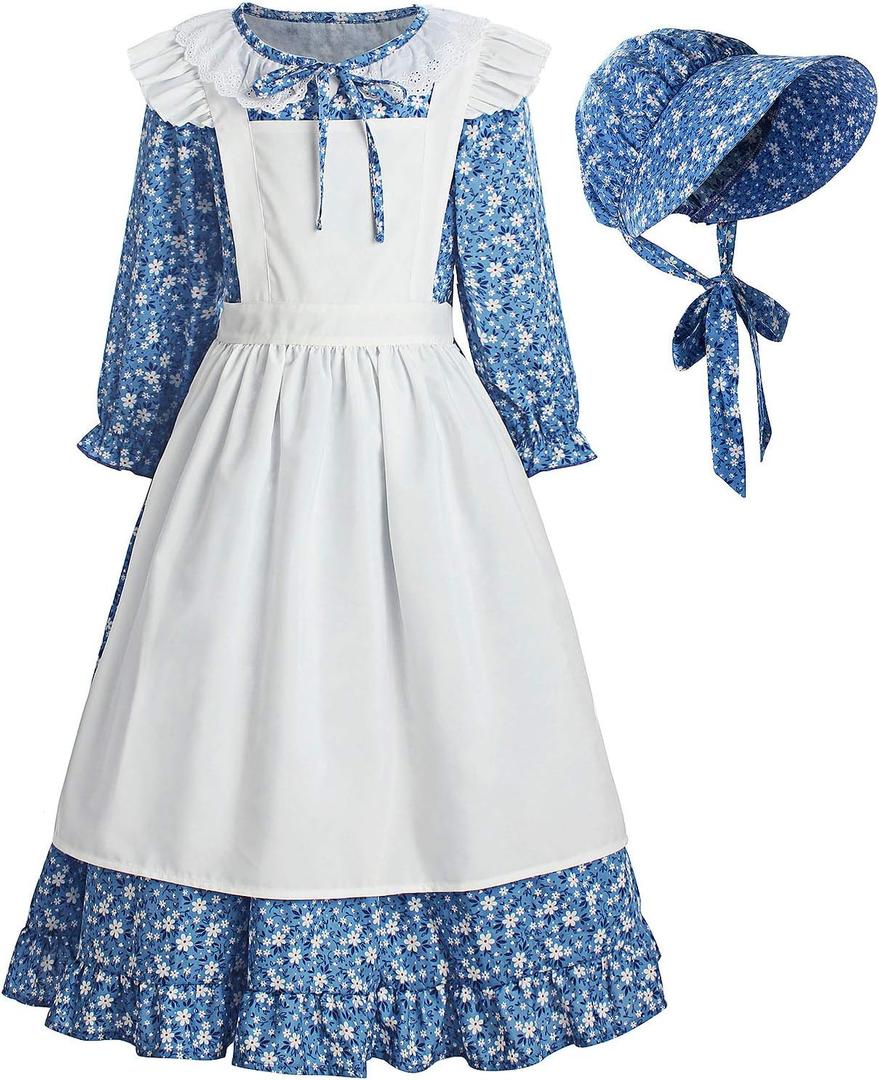 ReliBeauty Pioneer Girl Dress Colonial Prairie Costume (6-7(130), Blue)