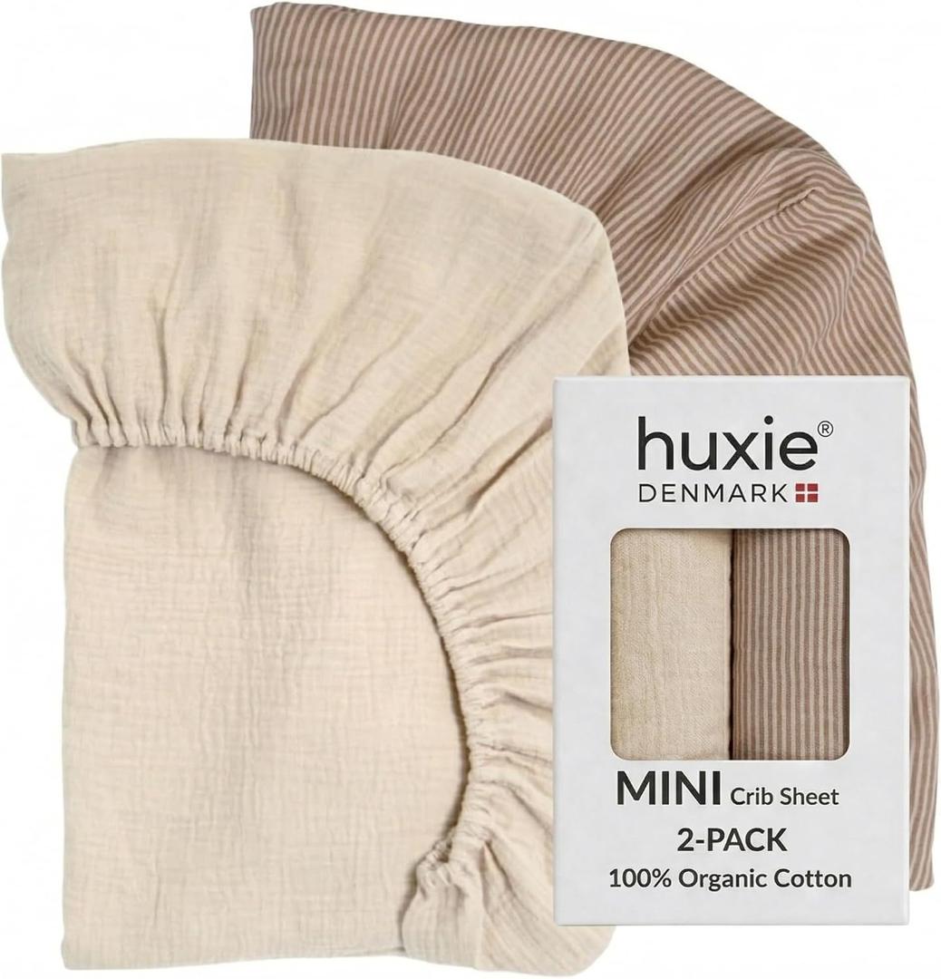 Mini Crib Sheets - Organic Cotton Muslin Fitted Crib Sheet Fitted for Pack and Play - Ultra-Soft and Breathable Crib Sheets for Boys and Girls (Mini Fog/Stripe)