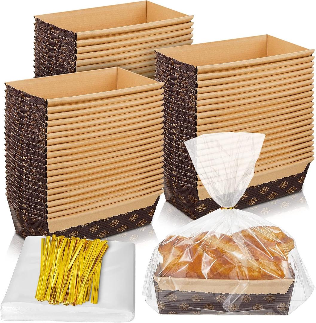 75 Sets Loaf Pans Disposable Paper Baking Loft Mold Bulk 6 x 2.5 x 2 Inch Rectangle Baking Pans with Bags Ties for Quick Bread Small Pumpkin Breads, Microwave Oven Freezer Safe