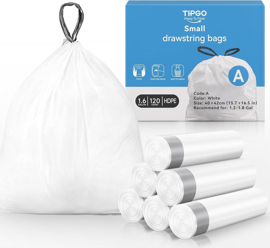 TIPGO Small Trash Bags Drawstring 1.6 Gallon, Pre-Cut Mini Garbage Bags for 1.2-1.8 Gallon Trash Bins, 120 Count (Code A)