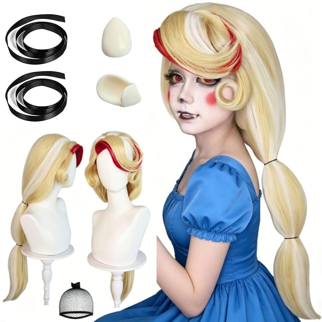 JoneTing 35inch Long Blond Wig for Women+Cap+2 Ribbons+2 Fangs Long Light Blonde and Red Wig for Adult Blond Wig with Bangs and Braids Long Blonde Mix Red Wig for Cosplay Halloween Party Outfit