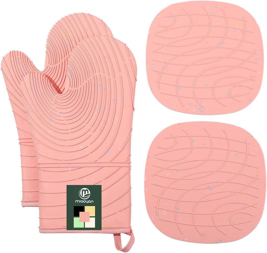 4 Pieces Oven Mitts of Macaron Color Thickened Non-Slip Silicone Kitchen Gloves, Heat Resistant up to 750F, Essential for Kitchen Baking (Pink)