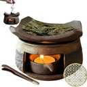 Ceramic Burner Kit with Wooden Clips and Pads, Essential Oil Burner for Incense & Herbs, Tea Light Candle Holder Warmer for Home Office Meditation Relaxation (Circular, 10.5 * 6.5cm/4.13 * 2.56in)