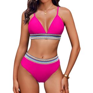 AI'MAGE High Waisted Bikini Sets for Women 2025 Triangle Color Block Two Piece Swimsuits Tummy Control Bathing Suits, Rose Red XL