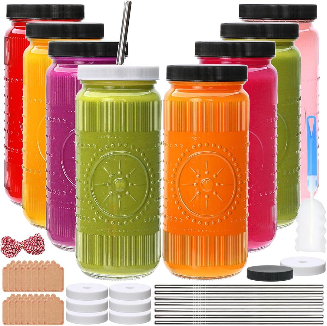 Encheng 16oz Glass Juice Bottles, Reusable Juicing Bottles with Lids and Straws, Vintage Juice Containers Glass Smoothies Jars for Kombucha, Drinking, Water, Iced Coffee, Party, Travel, 8 Pack