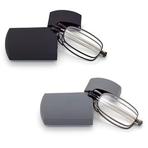 HIGHLIKE 2-Pack Hard Cases Folding Reading Glasses, Pocket Wallet Purse Compact Spring Hinge Readers, Transparent Clear Lens Black Gunmetal 1.75 x