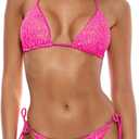 Women's Triangle Sequin Bikini Set Brazilian Halter String Backless Tie Side Thong Two Piece Swimsuit Bathing Suit, Pink, Size 2-4