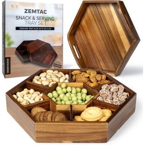Snack Tray with Lid That Doubles as a Serving Tray - 13"x11" Acacia Wood Decorative Tray with 7 Compartments for Dry Fruits & Nuts, Hexagon Coffee Table or Ottoman Tray with Handles for Living Room