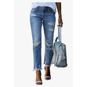 Sidefeel Women's Ripped Jeans Straight Leg Distressed Boyfriend Denim Pants Size 8