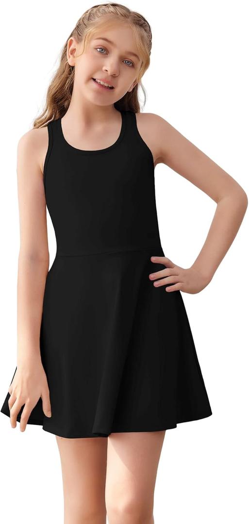 Haloumoning Girls Sleeveless Tennis Dress Kids Racerback Golf Dress School Sports Dresses Outfit with Shorts Pockets (9-10 Years, Black)