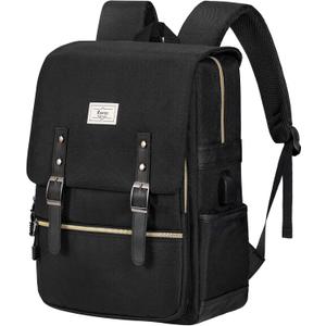 Ronyes Vintage Laptop Backpack for Women Men, 15.6 inch Bookbag Casual Daypack with USB Charging Port for College Work, All Black Backpacks