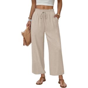 WIHOLL Wide Leg Pants Woman Flowy Palazzo Drawstring Elastic Waist Trousers with Pockets Casual Lounge (Beige, S)