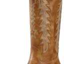 wetkiss Cowboy Boots for Women Knee High Cowgirl Boots Retro Embroidered Chunky Heels Pointed Toe Western Long Tall Boot Pull On (7.5, Brown)