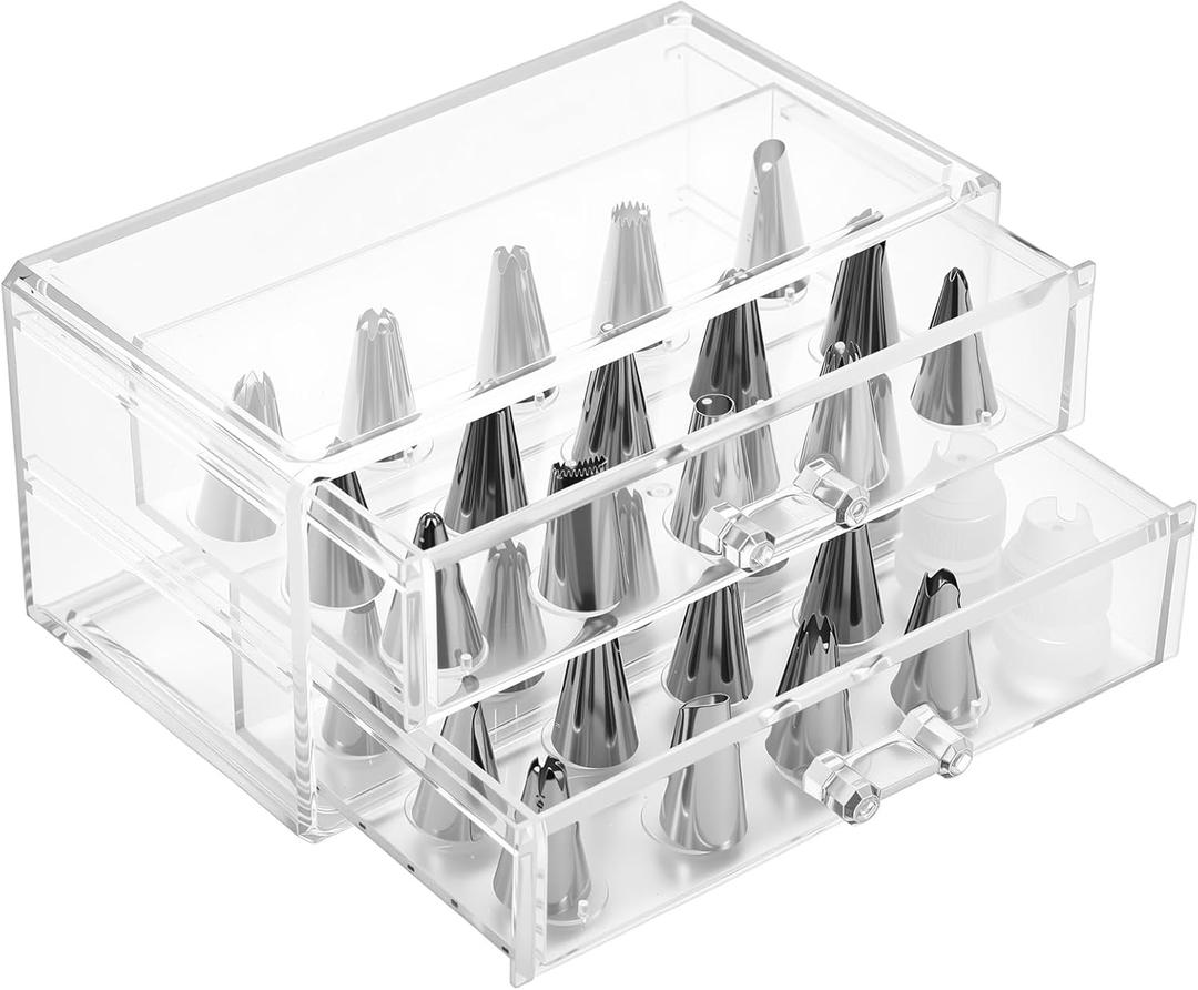 2 Layer Piping Tip Box for 72 Small Piping with 100 Flower Nails Tips Organizer Drawer Cake Baking Supplies Decoration Jewelry Sewing Hardware Storage Display Box
