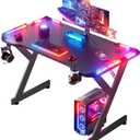 HLDIRECT 40 INCH Gaming Desk with LED Lights, Home Office Gamer Desk, Ergonomic Computer Table with Large Carbon Fiber Desktop, Office Workstation, Cup Holder & Headphone Hook, Black