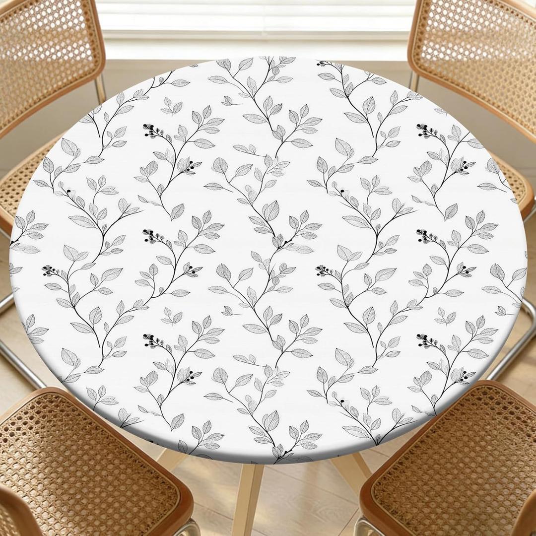 Round Fitted Table Cloth with Elastic Edge Design Table Cover Waterproof Stain-Resistant Wipeable Picnic Tablecloths Fits 38"-42" Round Tables for Camping,Dining,Indoor and Outdoor (Leaf)