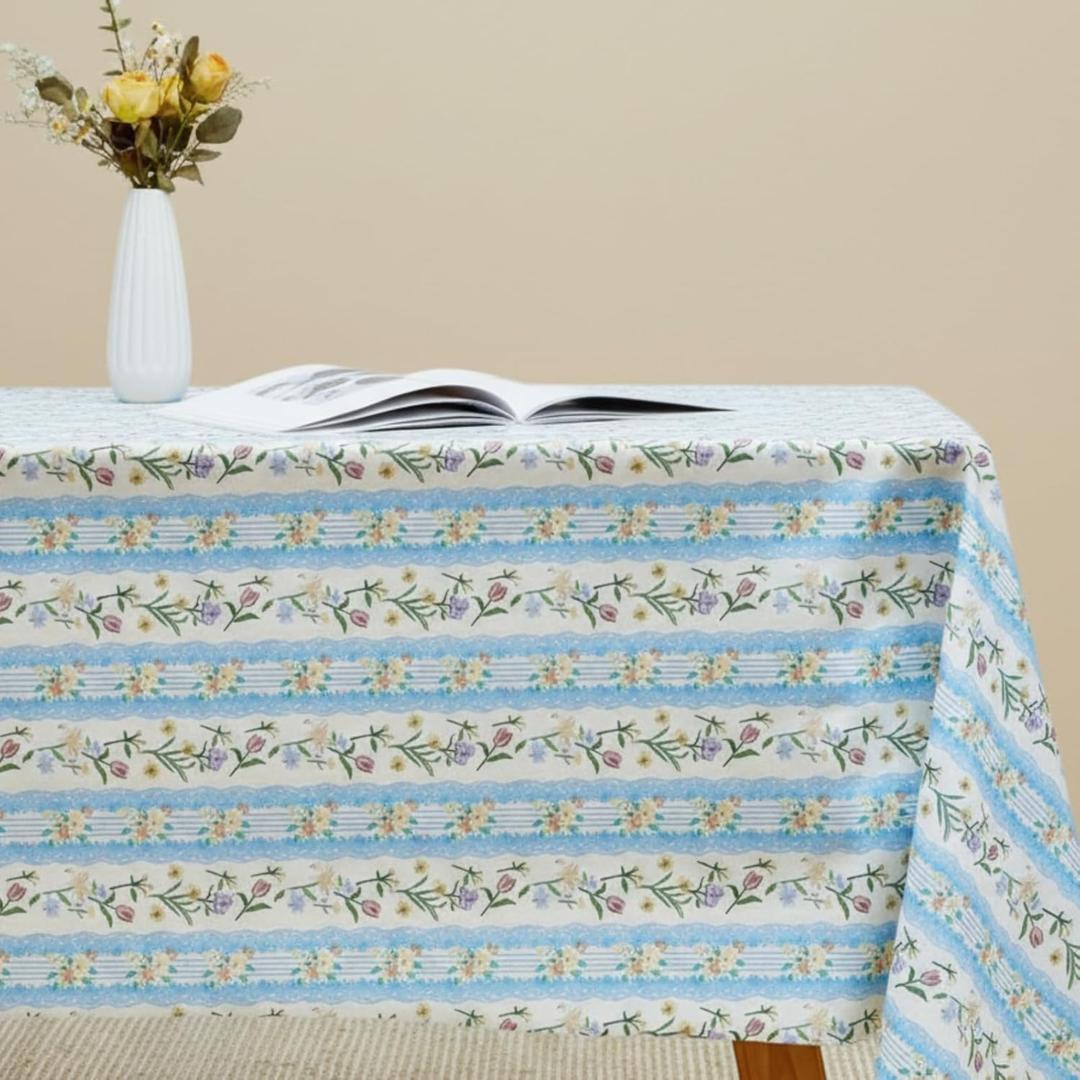 Frienda 55''x79'' Block Print Tablecloth Velvet Rectangle Indian Tablecloth Washable Floral Table Cloth Pastoral Farmhouse Table Cover for Kitchen Dining Picnic Thanksgiving Christmas(Blue Flower)