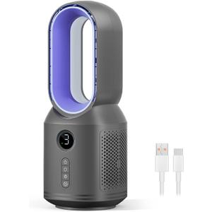 Bladeless Desk Fan, 13 Inch Quiet Oscillating with 106 Rotation, Battery Operated Portable Table Fan, 3 Speeds & Night Light, LED Display, Button Control, Personal Fan for Bedroom Office Nightstand