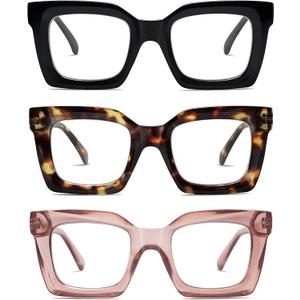 AMOMOMA Retro Oversized Square Reading Glasses for Women Men Blue Light Computer Thick Womens Readers Spring hinge AM6015 (Ac6.black+c10.tortoise+c12.crystal Brown)