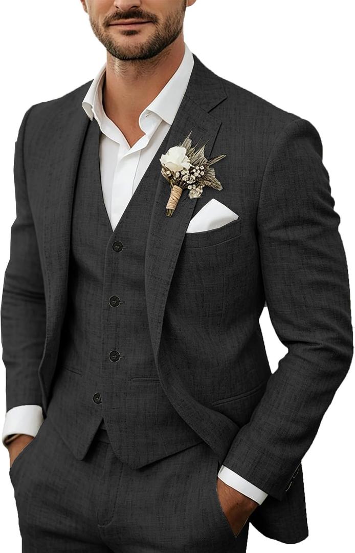 Men's 3 Piece Linen Suits Casual Lightweight Blazer Jackets Vest Pants Set for Wedding Business Prom Suit (Black, L)