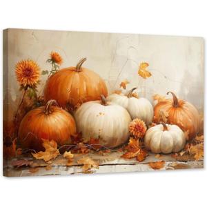 ARTZGX White Pumpkin Wall Art Autumn Canvas Fall Harvest Theme Pictures Fall Leaf Painting for Thanksgiving Wall Decor Frame(Orange 16.00" x 24.00")